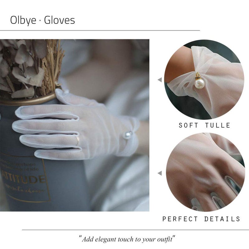 Olbye Bridal Wedding Gloves Full Fingers White Bridal Gloves For Bride and Bridesmaids Pearl Sheer Tulle Short Gloves Proms Costume Occasion Gloves - Image 4